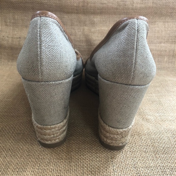 TORY BURCH Majorca Espadrille Wedge Sz 7.5/38 Peep Toe Beige Silver - Picture 4 of 10